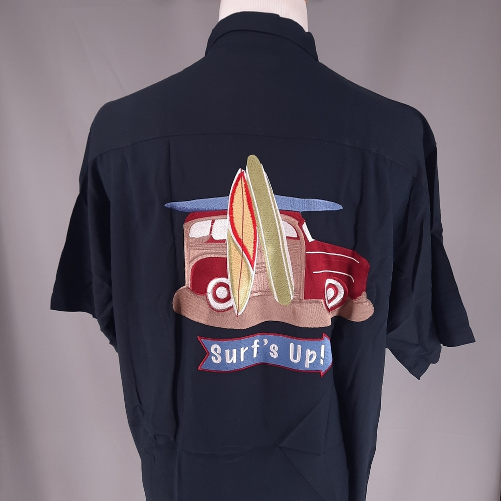 Surfs Up Silk Bamboo Camp Shirt Men's L Bobby Chan Embroidered